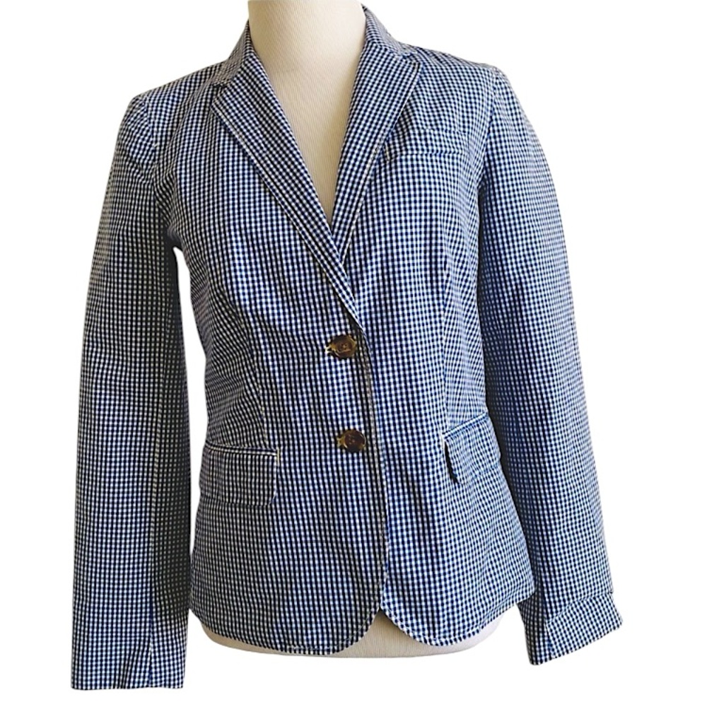 J.CREW GINGHAM BLAZER JACKET COTTON BLUE WHITE  Sz 0 NAUTICAL PREPPY COLLEGIATE